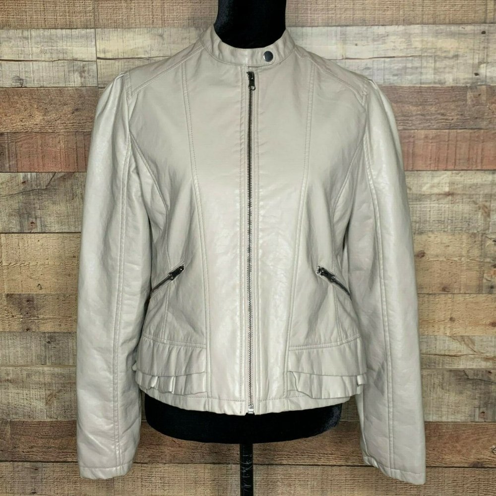 Maralyn & Me Faux-Leather Taupe Jacket Ruffle Zip